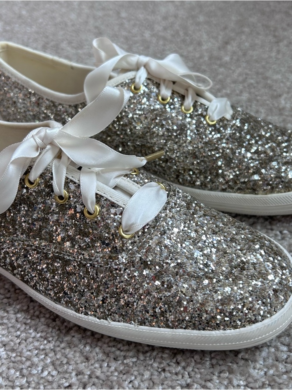 Keds x Kate Spade Glitter Sneakers Womens Size 8 Champagne Silver Ribbon Laces - Picture 3 of 12